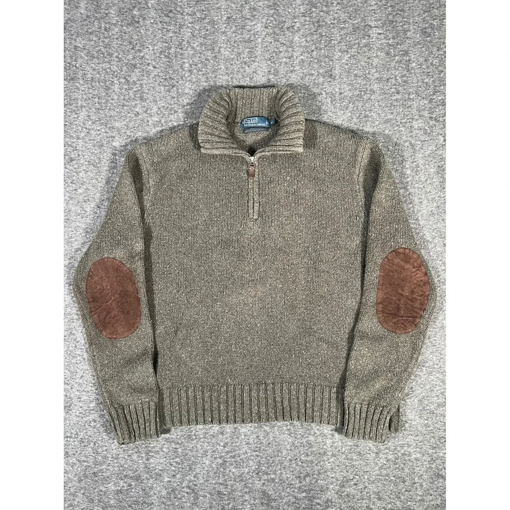 Polo Ralph Lauren Sweater Mens XL Green Hemp 1/4 Zip Mock Neck Elbow Patches